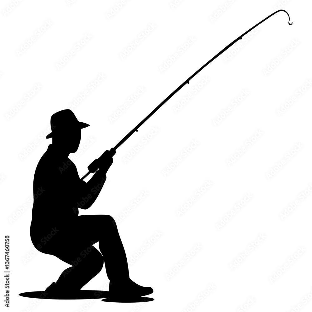 Silhouette of a person fishing by the riverbank, set against a white background Silhouette of a person fishing by the riverbank, set against a white background