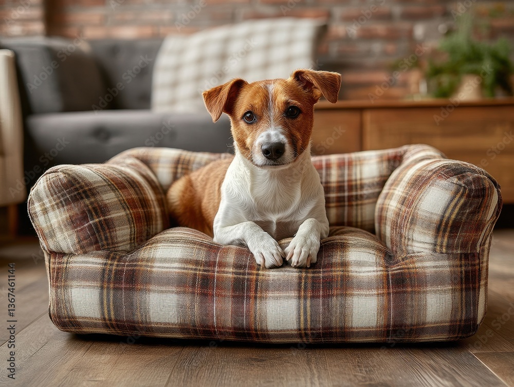 Adorable Jack Russel Terrier Puppy Resting on a Brown Plaid Dog Bed in a Cozy Living Room Adorable Jack Russel Terrier Puppy Resting on a Brown Plaid Dog Bed in a Cozy Living Room