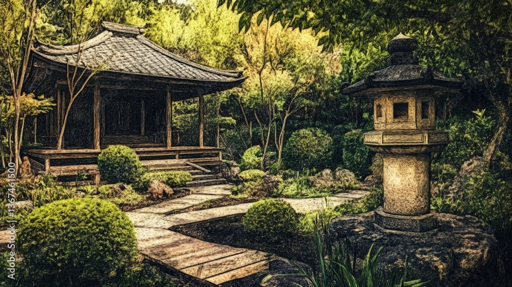 Obraz premium Zen Garden Retreat. A serene Japanese garden with a traditional stone lantern and a charming wooden teahouse, nestled among lush greenery.