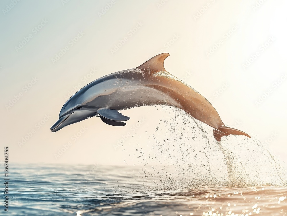 Fototapeta premium Dolphin Leaping From Ocean Water at Sunrise