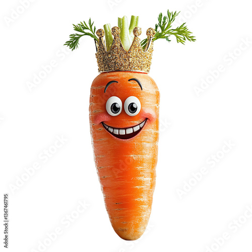 Carrot with a funny face and a golden crown, isolated on white background