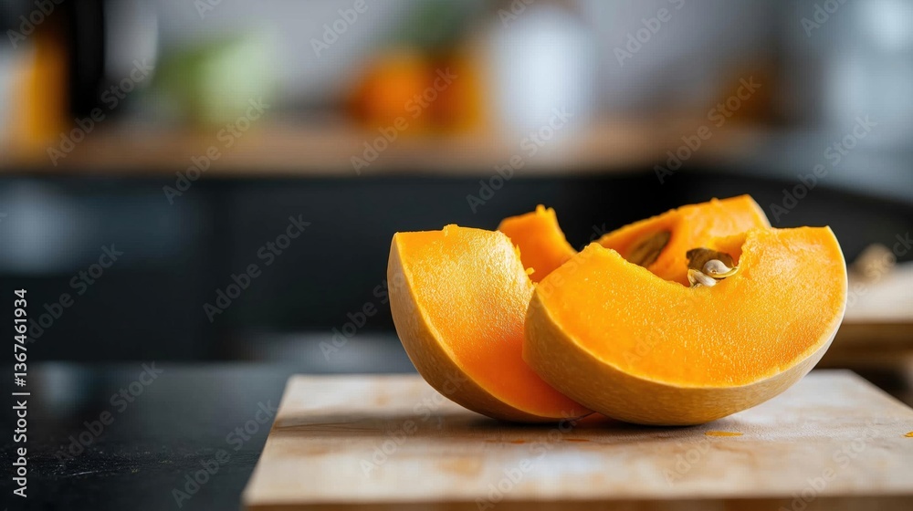 Whole pumpkin on a wooden cutting board. the pumpkin is cut in half, revealing its orange flesh and seeds. Whole pumpkin on a wooden cutting board. the pumpkin is cut in half, revealing its orange flesh and seeds.