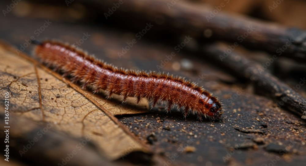 Fuzzy Brown Caterpillar Crawling on Forest Floor Fuzzy Brown Caterpillar Crawling on Forest Floor