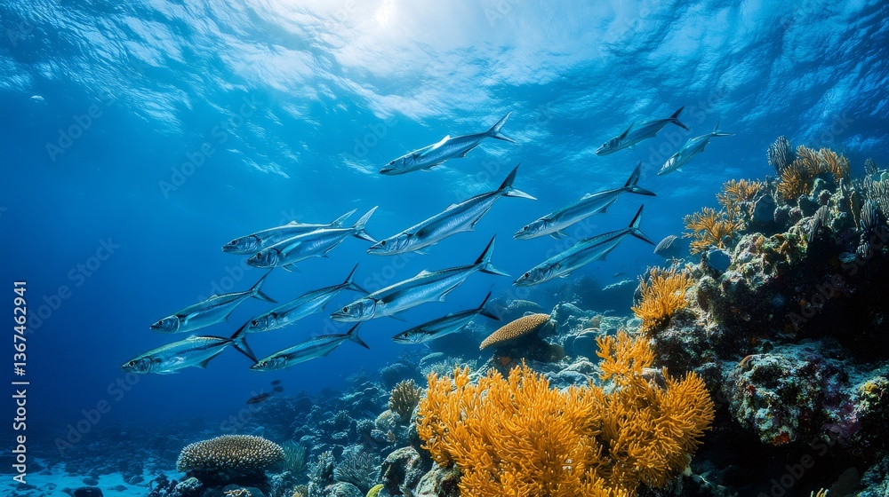 Fototapeta premium School of fish swimming over a vibrant coral reef in clear blue water