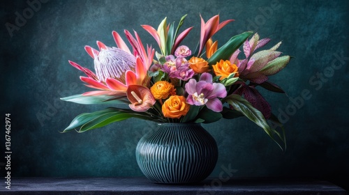 A luxurious bouquet of exotic flowers, including orchids and proteas, in a stylish ceramic vase.