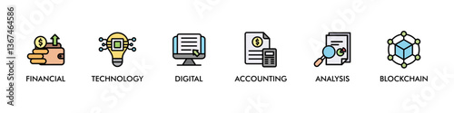 FINTECH banner web icon vector illustration concept with icon of financial, technology, digital, accounting, analysis and blockchain