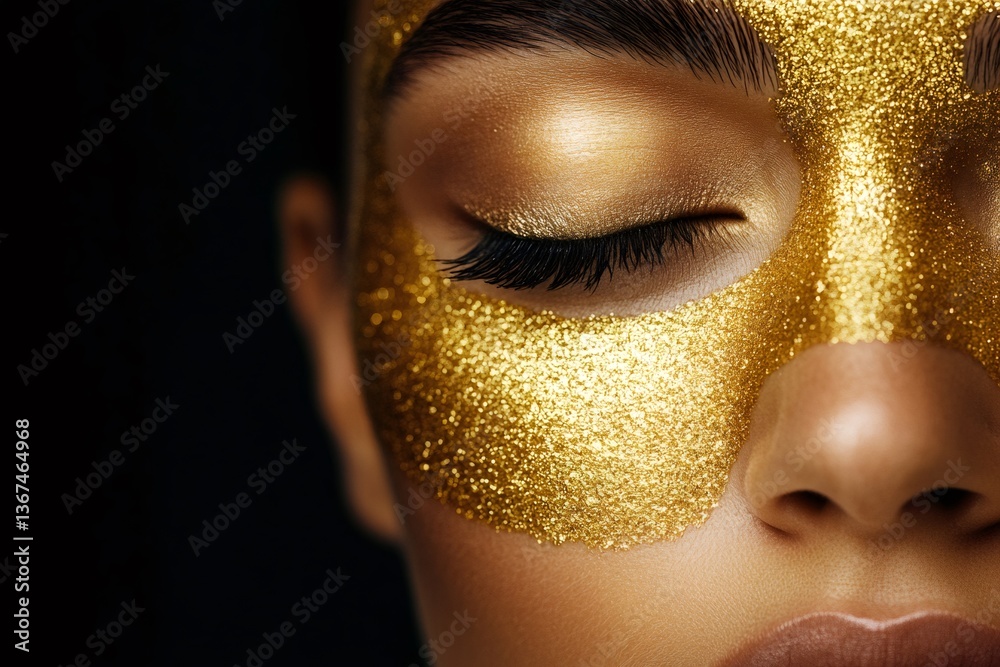 Fototapeta premium Golden glitter face mask enhancing beauty and skincare routine