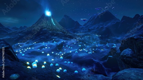 Glowing Eggs Near Underwater Volcano with Bioluminescent Marine Life, Exploring Deep-Sea Mysteries