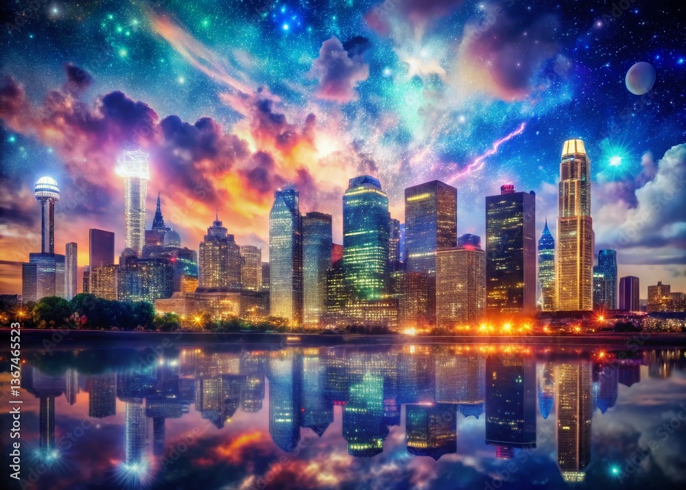 Fototapeta premium Dallas Skyline Night Double Exposure - Modern Cityscape Stock Photo