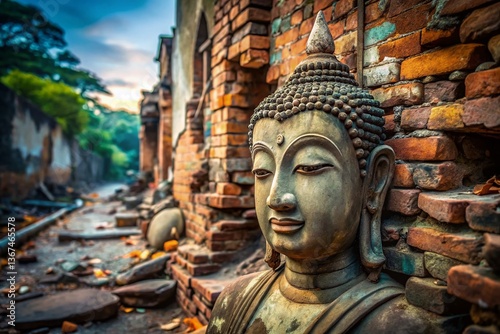 Damaged Buddha Head Statue at Thai Temple Wall, Closeup of Broken Sculpture Ruins