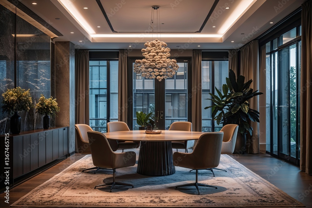 Fototapeta premium Elegant Modern Office Discussion Area with Cozy Ambiance and Soft Lighting