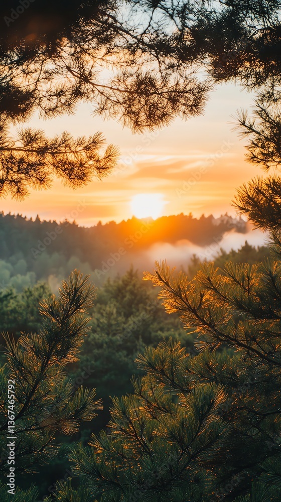 Fototapeta premium Sunrise Over Forest with Pine Tree Branch Silhouettes in Golden Light