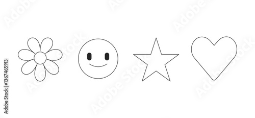 Positive symbols 2D line objects set. Happiness, love and positivity. Emoticon smile, daisy flower, star, heart isolated cliparts vector ink outline items. Monochrome spot illustrations collection