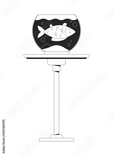 Dead fish floating in round fishbowl placed on table stand 2D line object. Aquarium pet neglect, loss. Tragedy goldfish fishtank isolated clipart vector ink outline item. Monochrome spot illustration