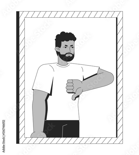 Angry black man in mirror giving thumb down disapproval 2D line character. Negative feedback. African american guy unsatisfied isolated vector ink outline person. Monochromatic spot illustration