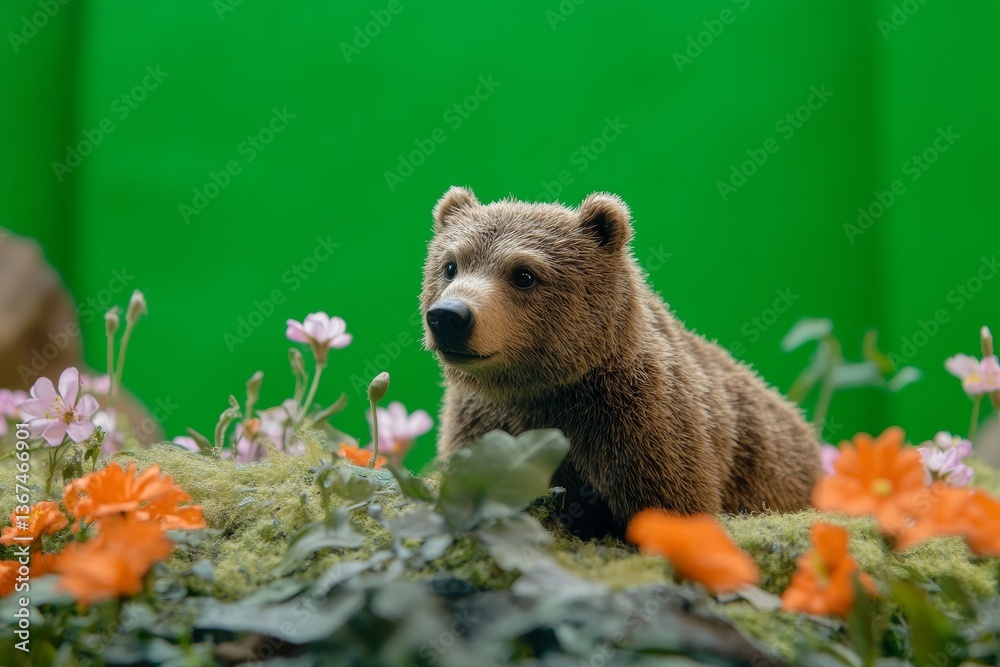 Obraz premium A small brown bear sits in a field of flowers peacefully