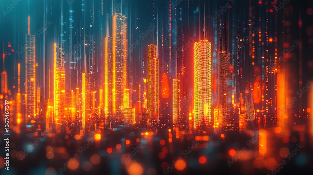 Fototapeta premium A creative bar chart where each bar is a glowing skyscraper, symbolizing growth