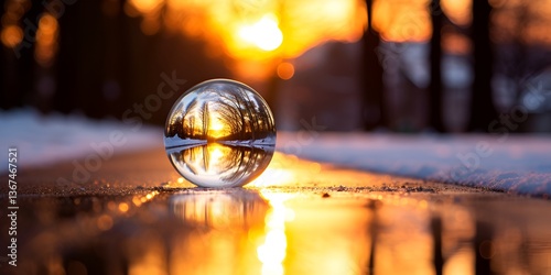 A glass Christmas ornament with the reflection of an ice-covered road leading to a winter wonderland, nd