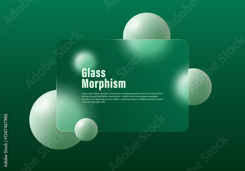 Dark background in glass morphism style. Frosted glass screen with overlay effect on floating 3D spheres.