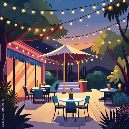 Charming Outdoor Dining Area Under String Lights at Sunset


