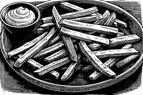 Pommes Frites Fast Food hand drawn sketch black and white illustration outline
