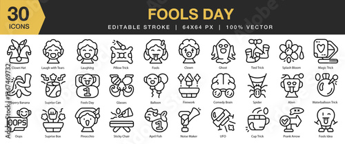 Fools Day icon set. Editable Stroke Icon Collection. Includes happy, fool, humor, joke, celebration, funny, and More. Outline icons vector collection.