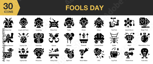 Fools Day solid icon set. Includes holiday, day, april, prank, comedy, party, and More. Solid icons vector collection