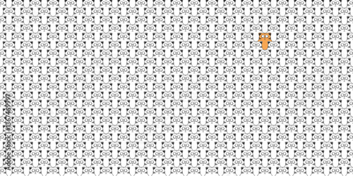 Vector fat amazed big eyed simple cartoon graphic identical cats. Many chubby pusses. Feline doodles. One ginger kitten stands out. Textured wallpaper. Background
