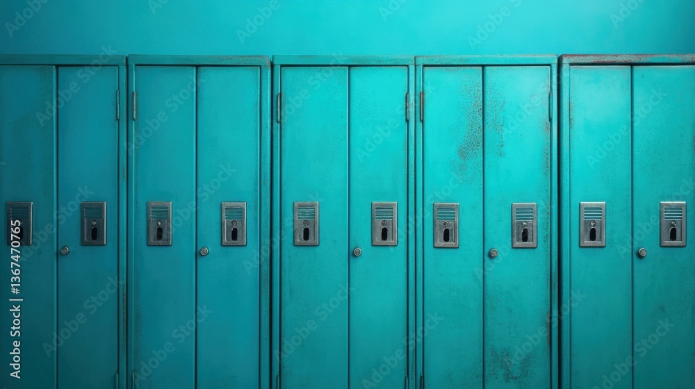 Fototapeta premium Vibrant Blue School Lockers Against a Plain Background Showcasing Industrial Design and Grunge Texture in a Retro Educational Environment