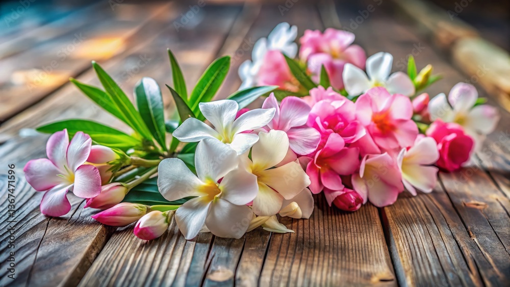 Delicate Pink & White Oleander Blossoms on Rustic Wooden Table, Summer Floral Still Life Food Photography Delicate Pink & White Oleander Blossoms on Rustic Wooden Table, Summer Floral Still Life Food Photography