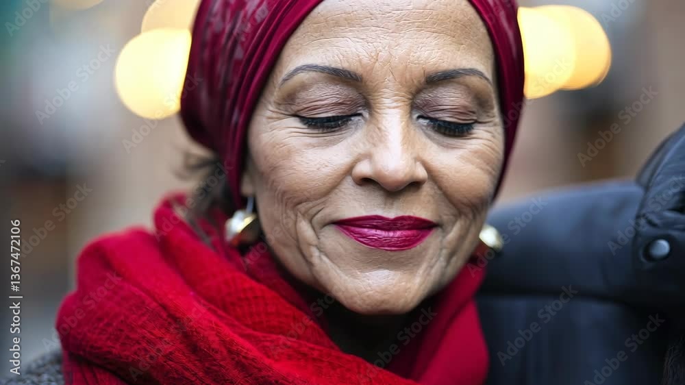 Elegant woman with red scarf and headscarf enjoying a quiet moment outdoors in an urban setting during twilight Elegant woman with red scarf and headscarf enjoying a quiet moment outdoors in an urban setting during twilight