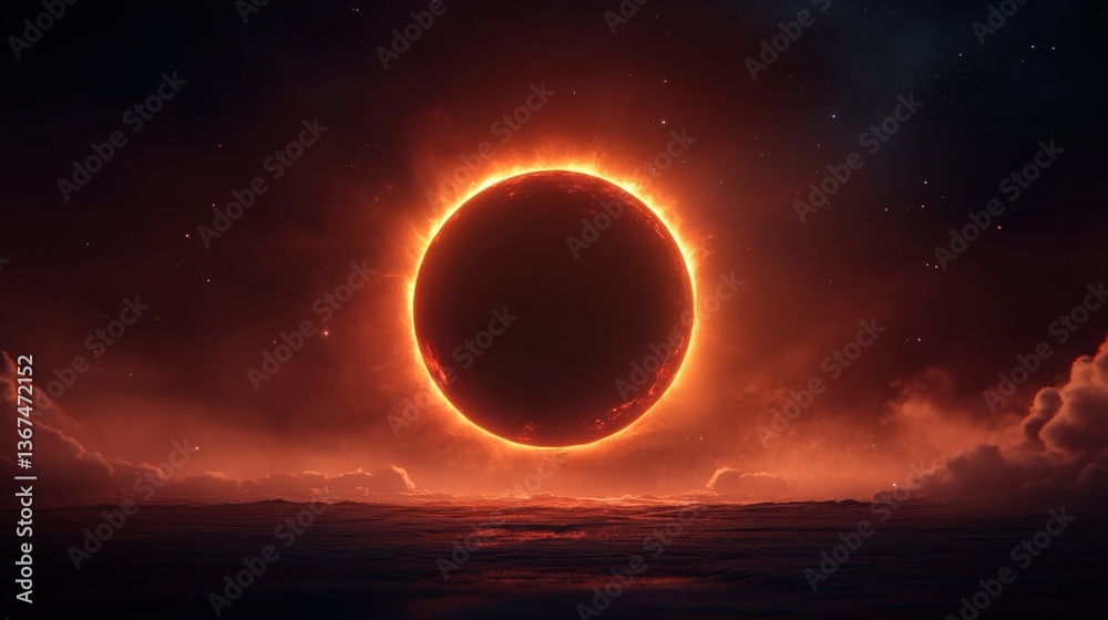 Obraz premium Breathtaking Celestial Event with Solar Eclipse Surrounded by Ethereal Clouds and a Dramatic Sunset Horizon in a Cosmic Landscape
