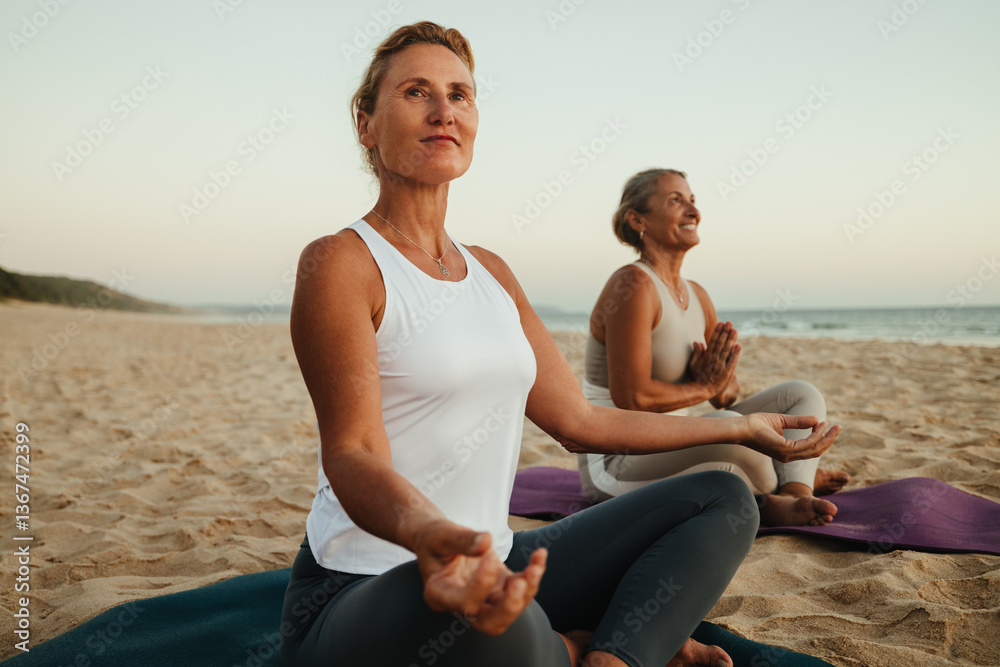 Two women practicing yoga and meditating together on a serene beach at sunset Two women practicing yoga and meditating together on a serene beach at sunset