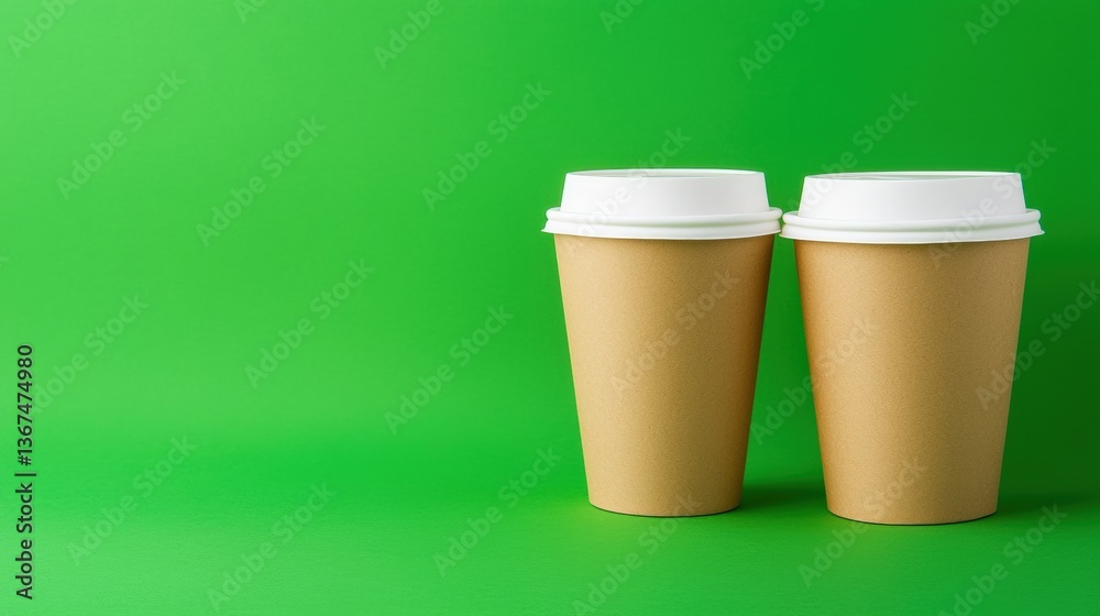 Two brown paper coffee cups with white lids sit against a vibrant green background, creating a fresh and modern look, Green Technology. Two brown paper coffee cups with white lids sit against a vibrant green background, creating a fresh and modern look, Green Technology.