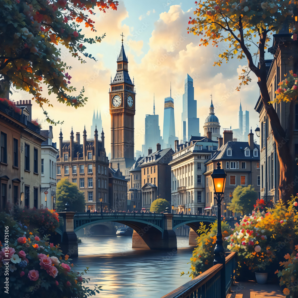 Fototapeta premium Beautiful cityscape with a bridge running through the city