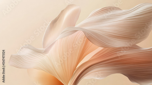 A stylized close-up of a drooping exotic flower, pale pink and cream tones, long translucent filament extending from its base