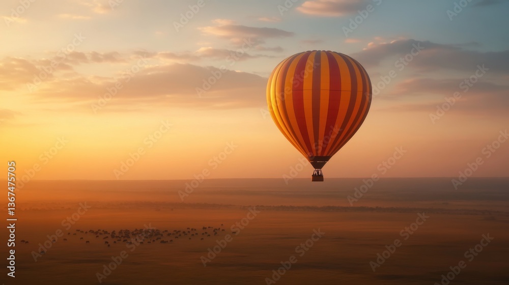 Fototapeta premium Hot air balloon soaring over golden plains at sunrise, vibrant colors, peaceful landscape, adventure in the sky, breathtaking aerial view, tranquil morning scene