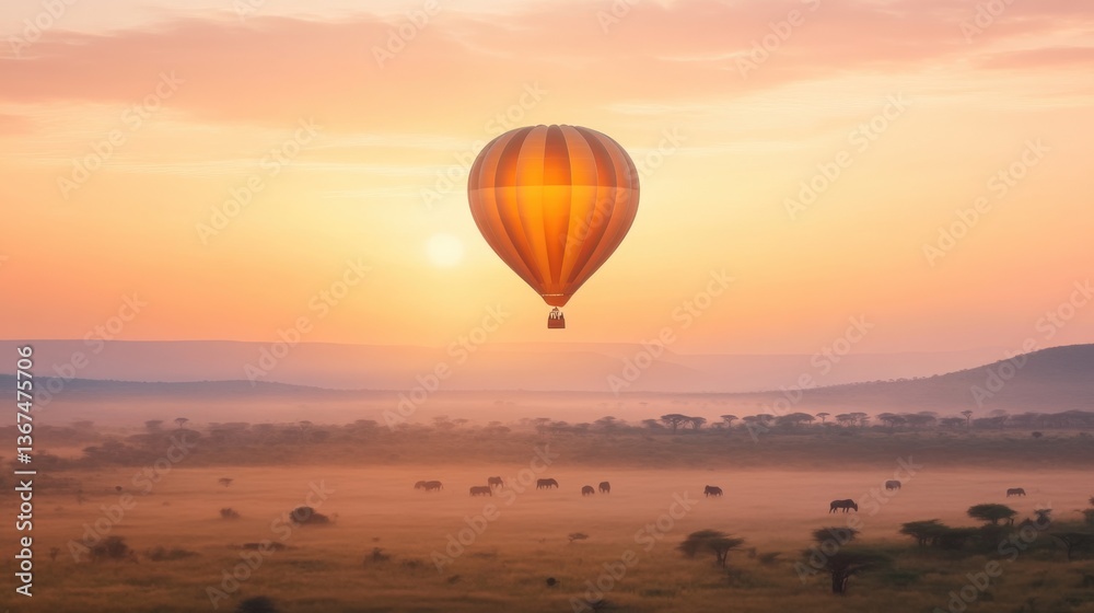 Obraz premium Hot Air Balloon Floating Above Savannah at Sunrise with Silhouetted Elephants in the Background and Soft Mist Rising from the Ground