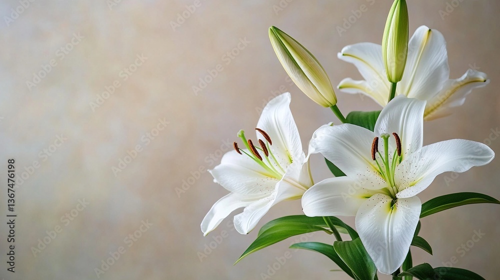 Obraz premium A close-up of white lilies against an off-white background, symbolizing purity and tranquility in a floral composition.