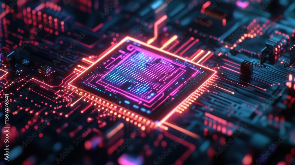 Obraz premium Quantum Computing AI Chip Visualizing Intelligence Under Blue Skies