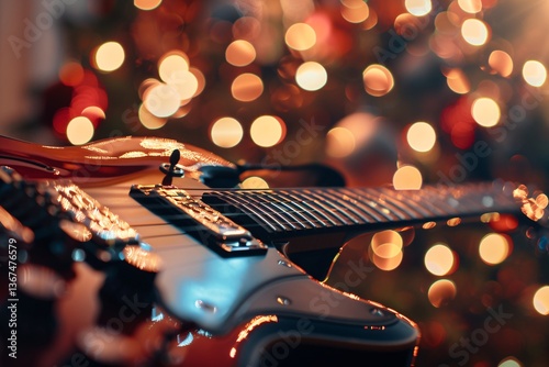 Shiny red electric guitar is lying down with christmas tree lights in background