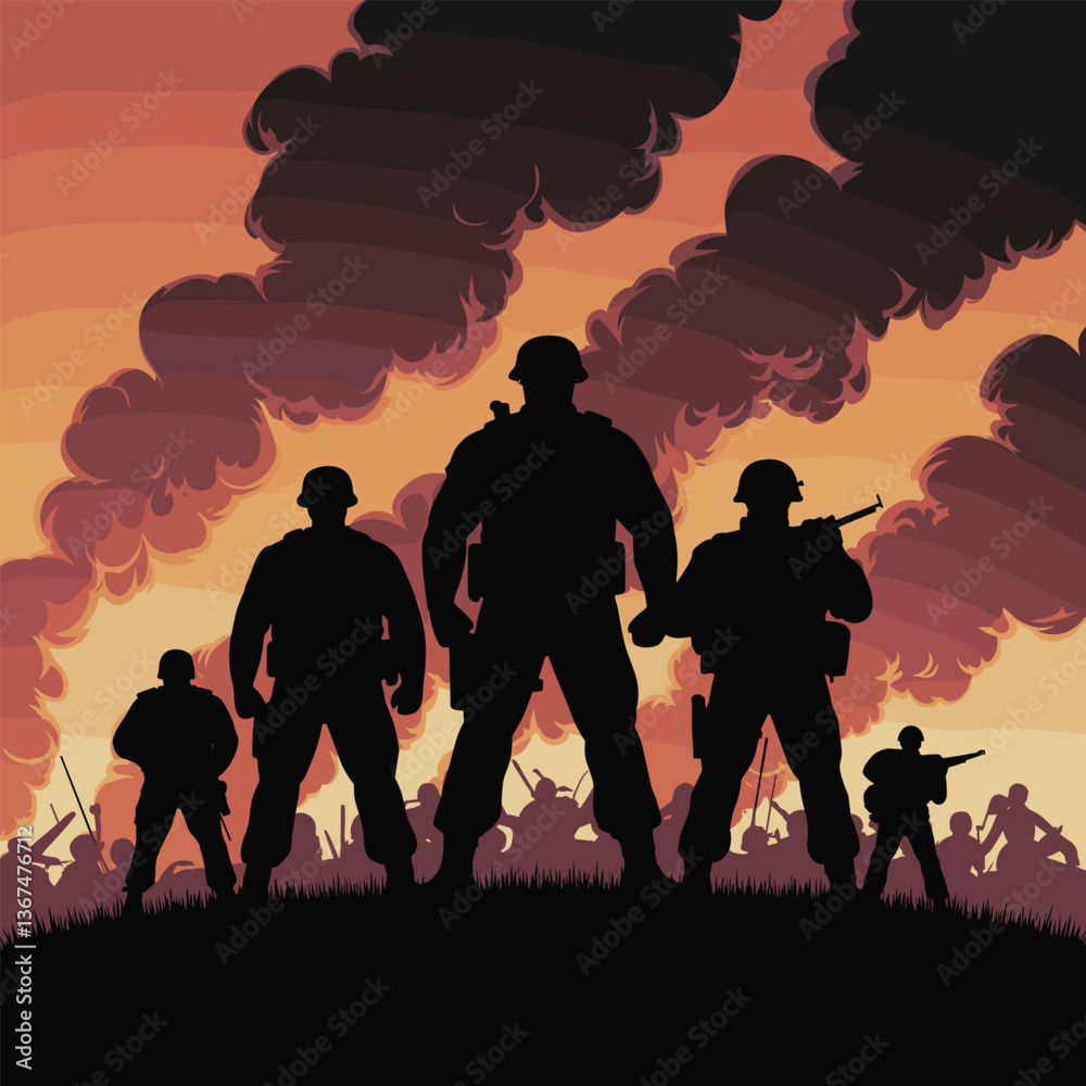 Fototapeta premium Brave War Warrior Silhouette Vector Art – Fist and Flag Raised, Battle Victory, and Explosion Effect