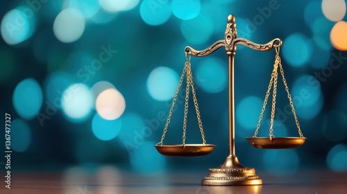Elegant Golden Balance Scale on Blurred Blue Background Representing Justice and Fairness in Legal Matters and Conceptual Scenarios