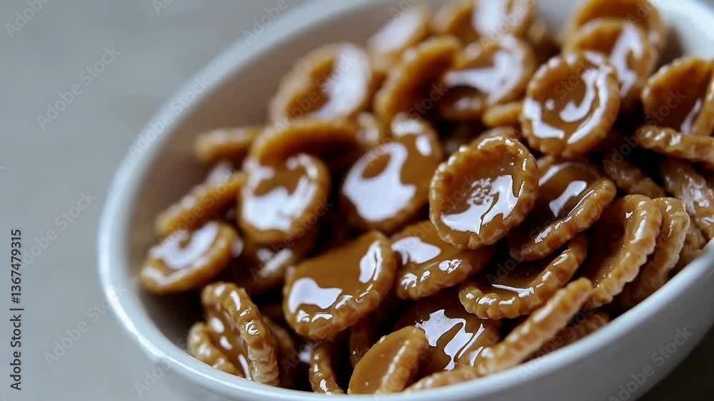 Closeup rotation of glazed cereal rings in white bowl on light background