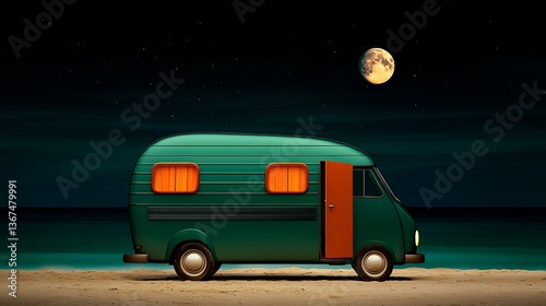 Teal Camper Van on Sandy Beach at Night Under Full Moon