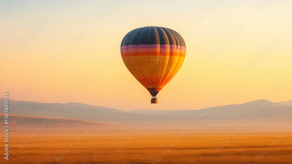 Naklejka premium Vibrant Hot Air Balloon Soaring Over Misty Landscape at Sunrise, Illuminating the Sky with Warm Colors and Casting a Reflection on the Ground Below