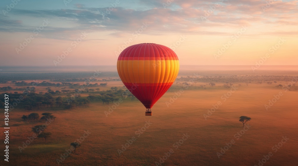 Fototapeta premium Hot air balloon soaring above vast savanna landscape at sunrise with colorful sky and trees in the background, creating a serene travel experience