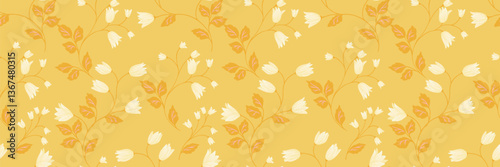 Elegant seamless vector pattern with delicate wildflowers and leaves on a yellow background. Soft pastel tones create a vintage, romantic, and nature inspired design, perfect for textiles, wallpapers