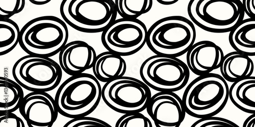Seamless abstract pattern featuring hand drawn black circular shapes on a white background. Simple ornament print for modern textiles, gift wrapping, wallpapers, branding, and stationery design.
