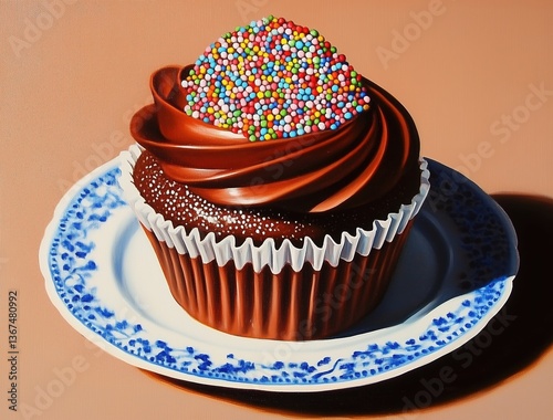 Delicious Chocolate Cupcake Topped with Colorful Sprinkles on Elegant Plate